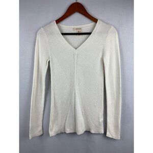 DKNY Jeans Womens White Ribbed V-Neck Long Sleeve Sweater Size S